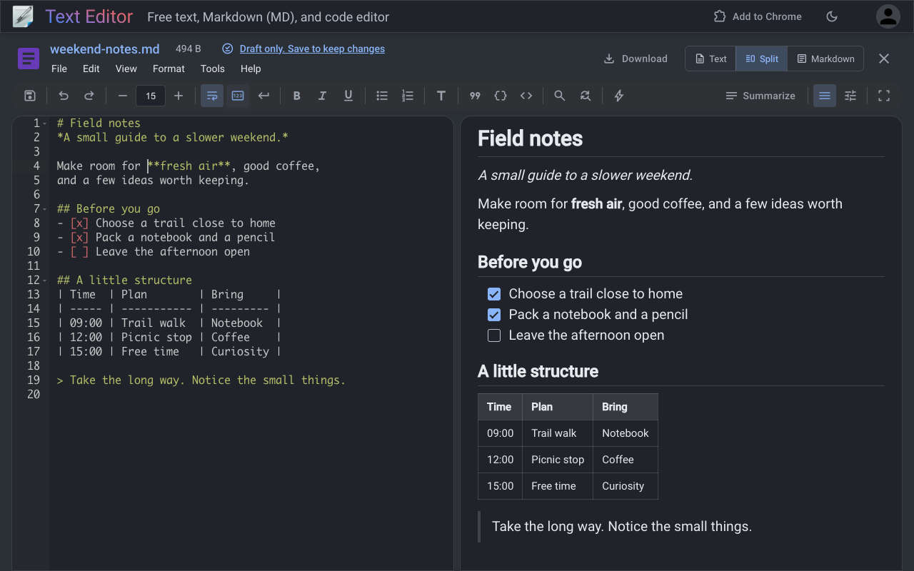 Text Editor in dark mode editing a Markdown document in Split view, with highlighted source on the left and formatted headings, lists, and a table on the right.