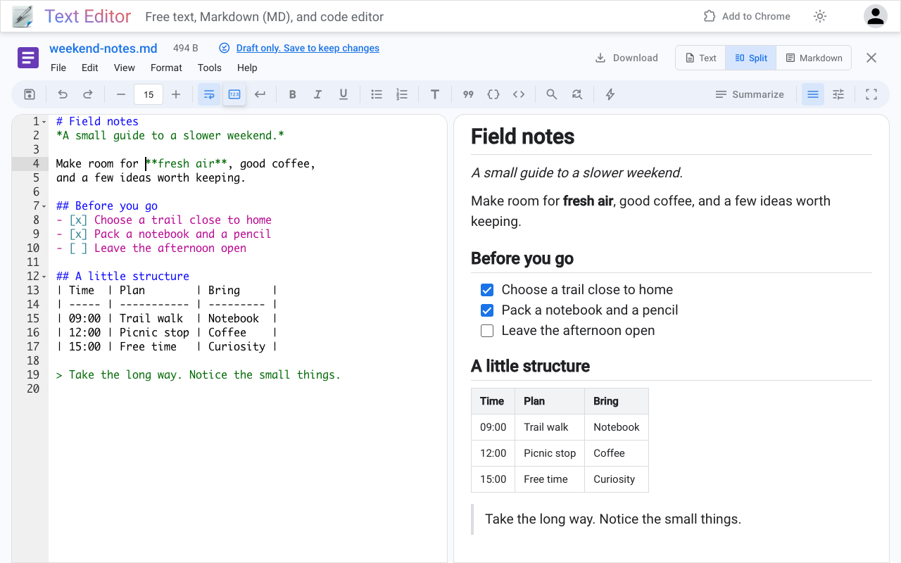 Text Editor in light mode editing a Markdown document in Split view, with highlighted source on the left and formatted headings, lists, and a table on the right.